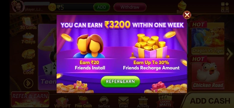 Teen Patti Master Refer and Earn Offer showing ₹20 per install and 30% friend recharge commission
