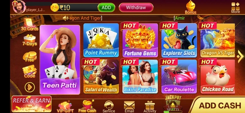 Teen Patti Master game lobby dashboard showing available card games, slots, user wallet balance, and menu icons.